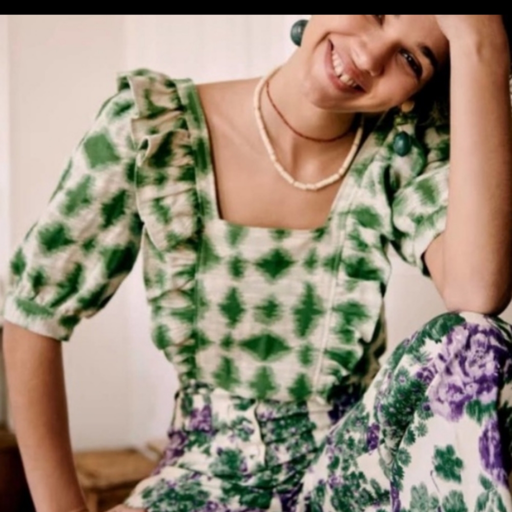 Sezane Green And Ecru Puff Sleeve Ruffle Top